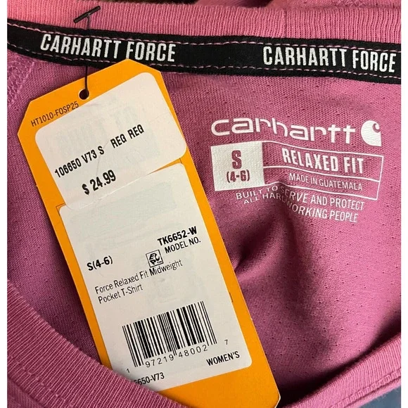 Women's Small Carhartt Force Relaxed Fit Midweight Pocket Pink T-Shirt - Picture 5 of 6